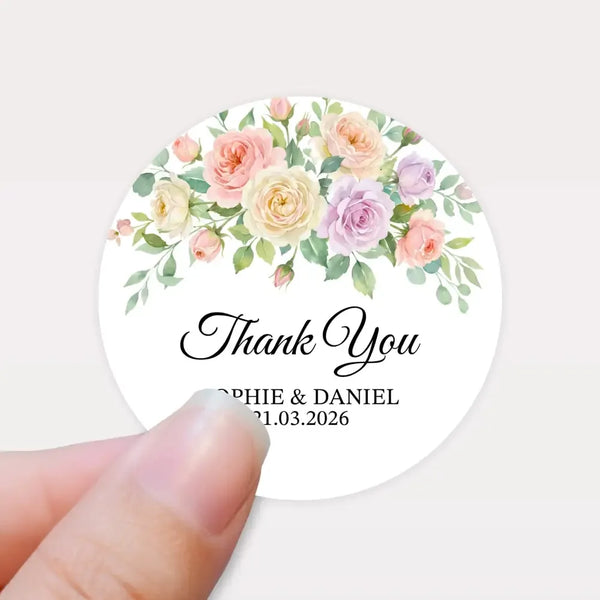 Pastel Garden Rose Wedding Thank You Stickers | Personalised Floral Favour Labels - Sticksy Prints Australia
