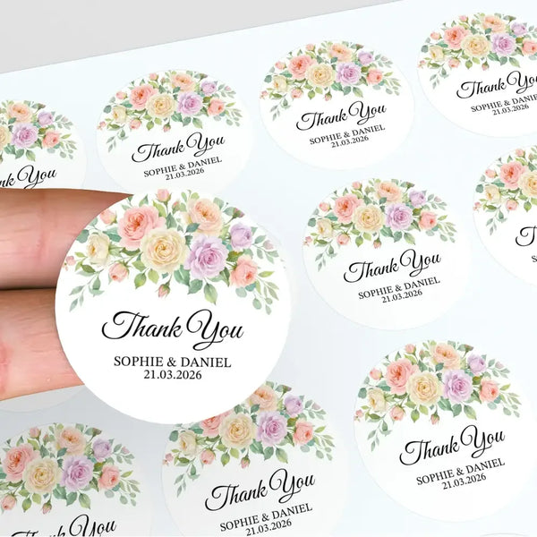 Pastel Garden Rose Wedding Thank You Stickers | Personalised Floral Favour Labels - Sticksy Prints Australia