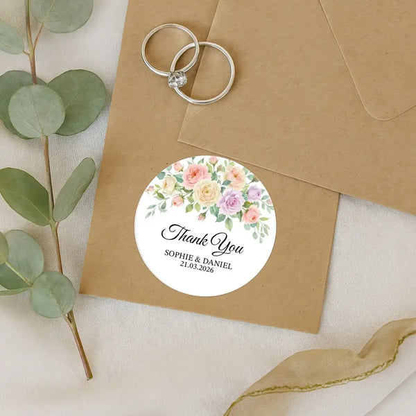 Pastel Garden Rose Wedding Thank You Stickers | Personalised Floral Favour Labels - Sticksy Prints Australia