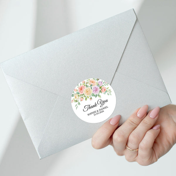 Pastel Garden Rose Wedding Thank You Stickers | Personalised Floral Favour Labels