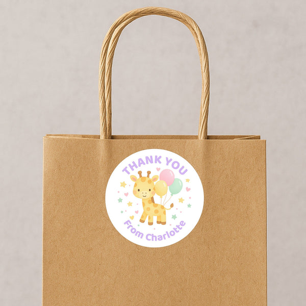 Pastel Giraffe Thank You Stickers – Custom Name Kids Birthday Party Favour Labels