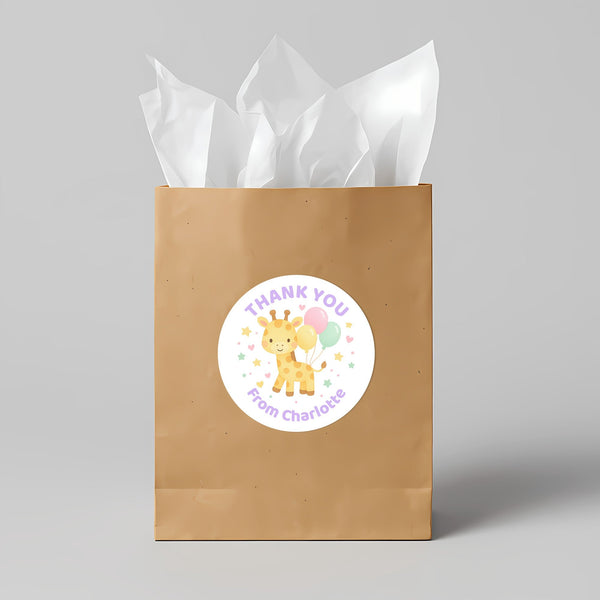 Pastel Giraffe Thank You Stickers – Custom Name Kids Birthday Party Favour Labels