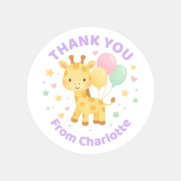 Pastel Giraffe Thank You Stickers – Custom Name Kids Birthday Party Favour Labels