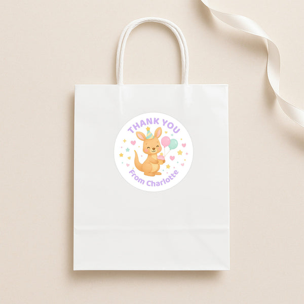 Pastel Kangaroo Thank You Stickers – Custom Name Kids Birthday Party Favour Labels