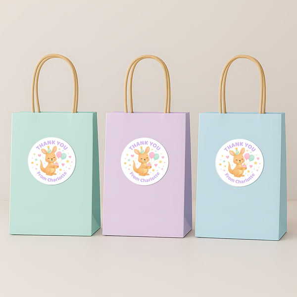 Pastel Kangaroo Thank You Stickers – Custom Name Kids Birthday Party Favour Labels