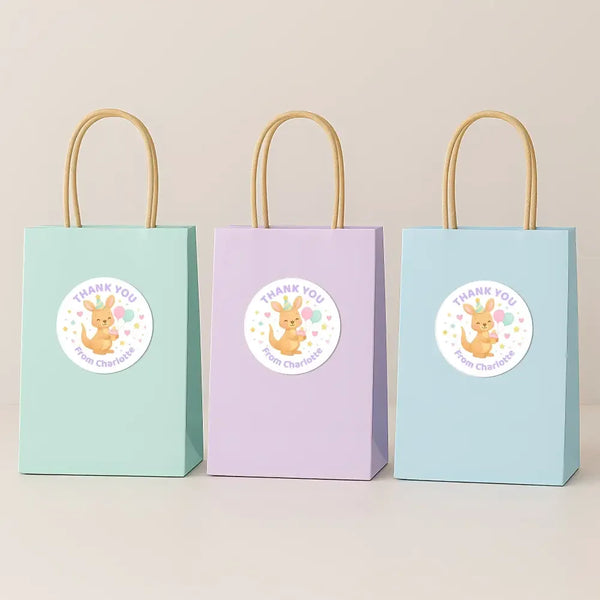 Pastel Kangaroo Thank You Stickers – Custom Name Kids Birthday Party Favour Labels - Sticksy Prints Australia