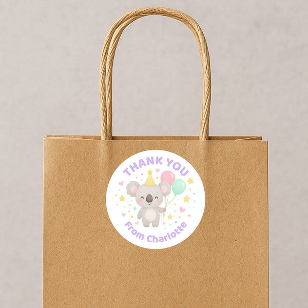 Pastel Koala Thank You Stickers – Custom Name Kids Birthday Party Favour Labels