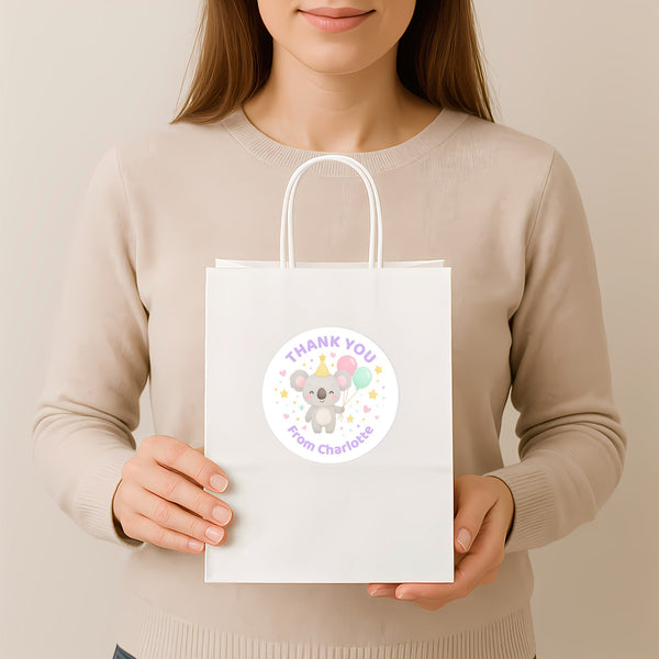 Pastel Koala Thank You Stickers – Custom Name Kids Birthday Party Favour Labels