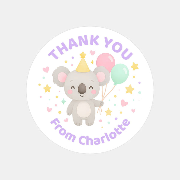 Pastel Koala Thank You Stickers – Custom Name Kids Birthday Party Favour Labels