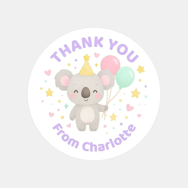 Pastel Koala Thank You Stickers – Custom Name Kids Birthday Party Favour Labels - Sticksy Prints Australia