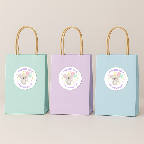 Pastel Koala Thank You Stickers – Custom Name Kids Birthday Party Favour Labels