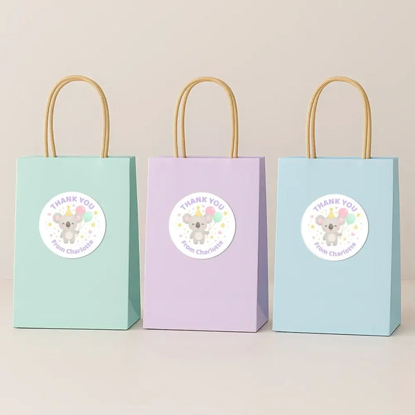 Pastel Koala Thank You Stickers – Custom Name Kids Birthday Party Favour Labels - Sticksy Prints Australia