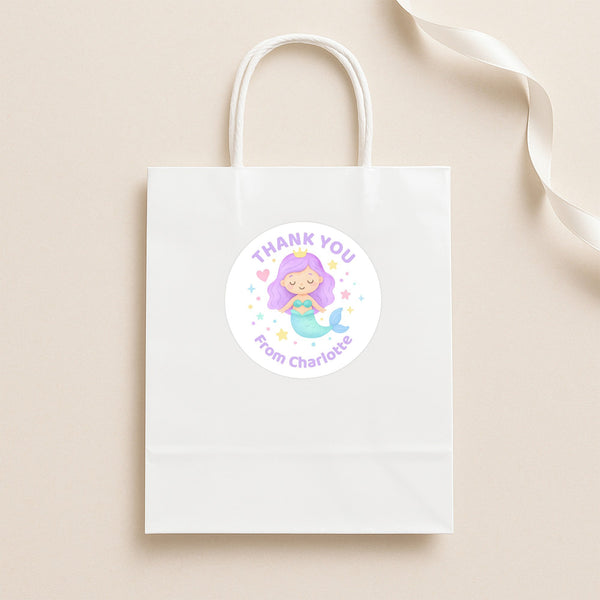 Pastel Mermaid Thank You Stickers – Custom Name Kids Birthday Party Favour Labels