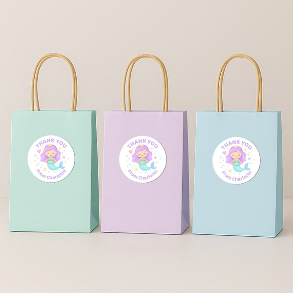 Pastel Mermaid Thank You Stickers – Custom Name Kids Birthday Party Favour Labels
