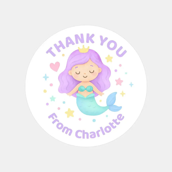 Pastel Mermaid Thank You Stickers – Custom Name Kids Birthday Party Favour Labels - Sticksy Prints Australia