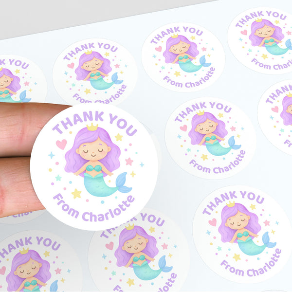 Pastel Mermaid Thank You Stickers – Custom Name Kids Birthday Party Favour Labels