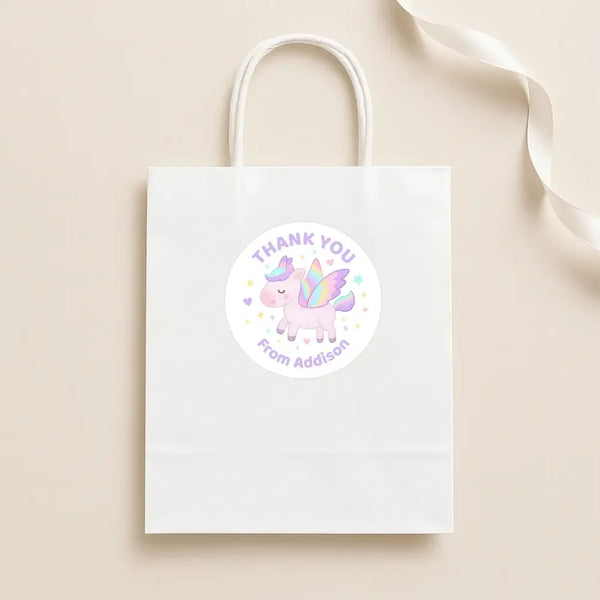 Pastel Pegasus Thank You Stickers – Custom Name Kids Birthday Party Favour Labels - Sticksy Prints Australia