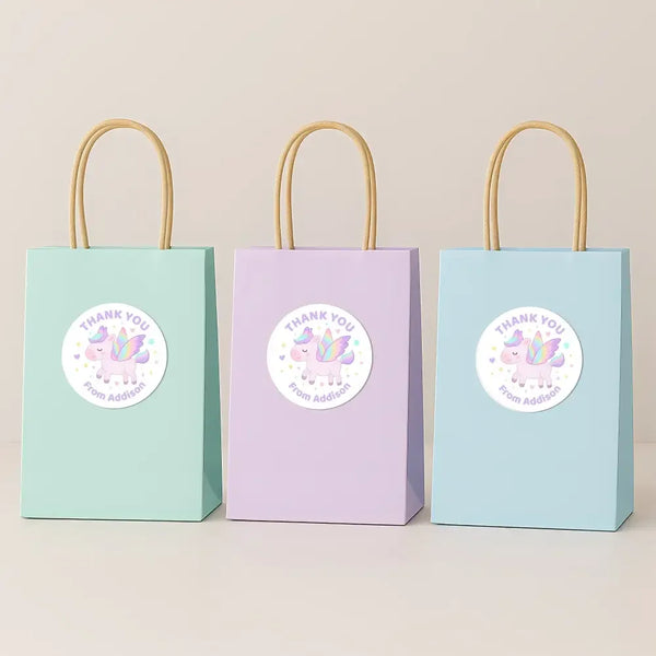 Pastel Pegasus Thank You Stickers – Custom Name Kids Birthday Party Favour Labels - Sticksy Prints Australia