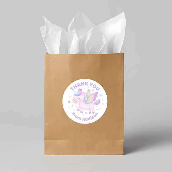Pastel Pegasus Thank You Stickers – Custom Name Kids Birthday Party Favour Labels
