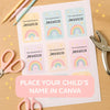 Pastel Rainbow Kids Bag Tags Printable Personalised Name Tags A4 Canva Template - Sticksy Prints Australia