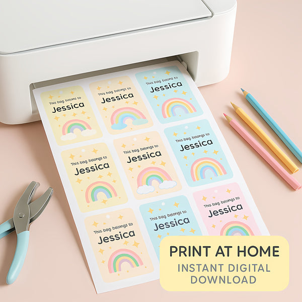 Pastel Rainbow Kids Bag Tags Printable Personalised Name Tags A4 Canva Template