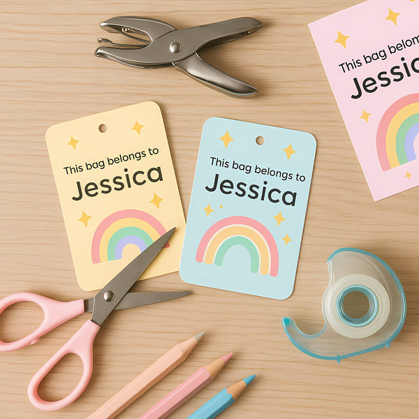 Pastel Rainbow Kids Bag Tags Printable Personalised Name Tags A4 Canva Template