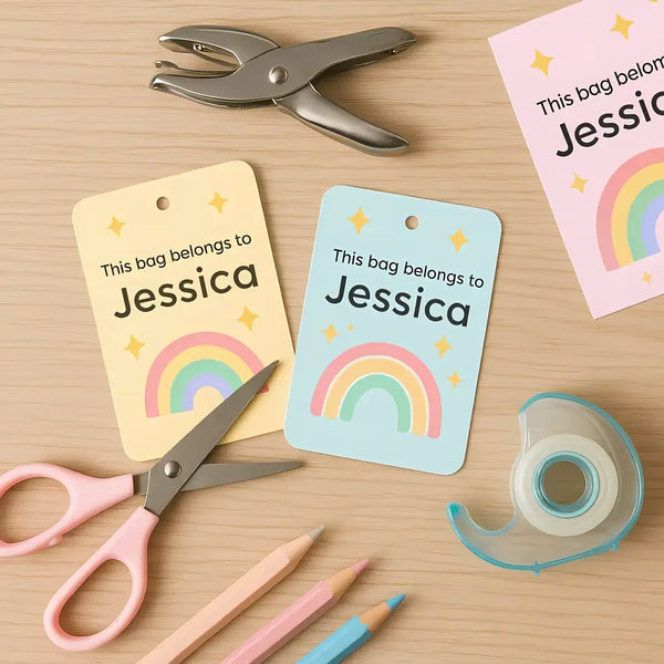 Pastel Rainbow Kids Bag Tags Printable Personalised Name Tags A4 Canva Template - Sticksy Prints Australia