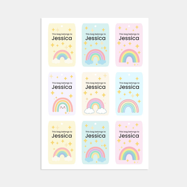 Pastel Rainbow Kids Bag Tags Printable Personalised Name Tags A4 Canva Template