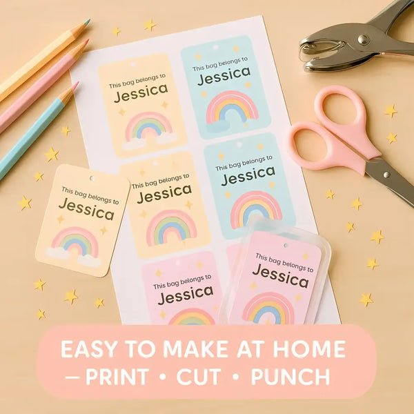 Pastel Rainbow Kids Bag Tags Printable Personalised Name Tags A4 Canva Template - Sticksy Prints Australia