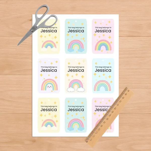 Pastel Rainbow Kids Bag Tags Printable Personalised Name Tags A4 Canva Template - Sticksy Prints Australia