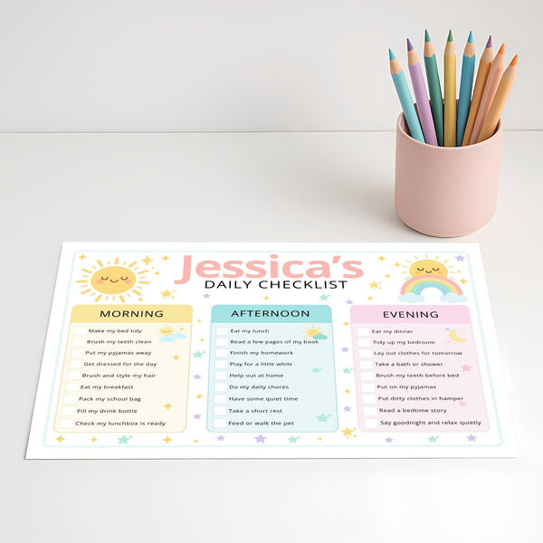 Pastel Rainbow Kids Daily Checklist – Editable Name & Tasks | Canva Template (A4 A3 & US Letter)