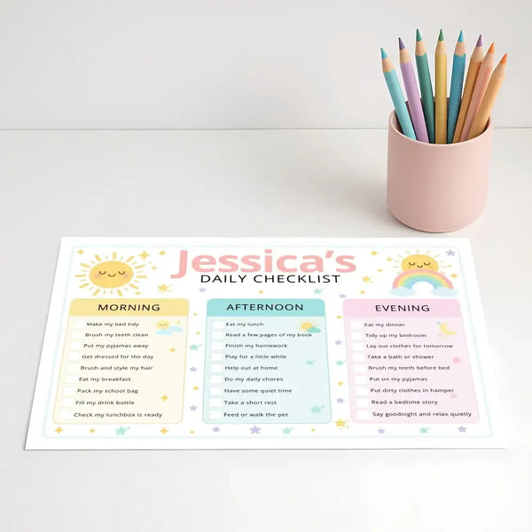 Pastel Rainbow Kids Daily Checklist – Editable Name & Tasks | Canva Template (A4, A3 & US Letter) - Sticksy Prints Australia