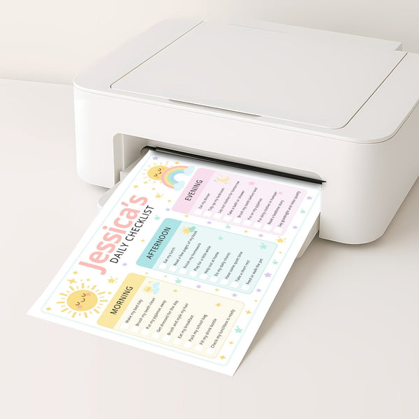 Pastel Rainbow Kids Daily Checklist – Editable Name & Tasks | Canva Template (A4 A3 & US Letter)