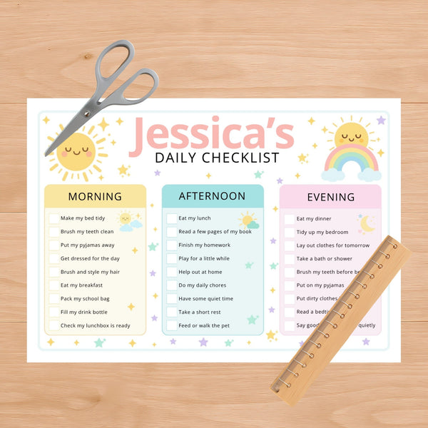 Pastel Rainbow Kids Daily Checklist – Editable Name & Tasks | Canva Template (A4 A3 & US Letter)