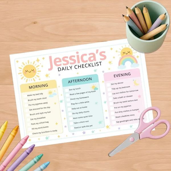 Pastel Rainbow Kids Daily Checklist – Editable Name & Tasks | Canva Template (A4, A3 & US Letter) - Sticksy Prints Australia