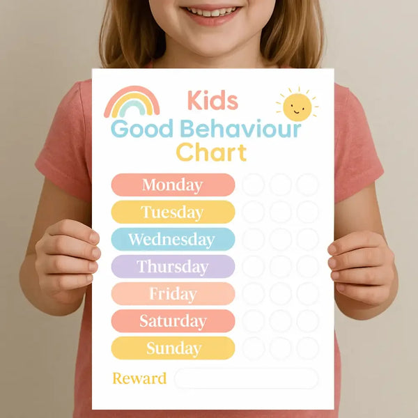 Pastel Rainbow Kids Reward Chart โ Good Behaviour Printable (A4) - Sticksy Prints Australia