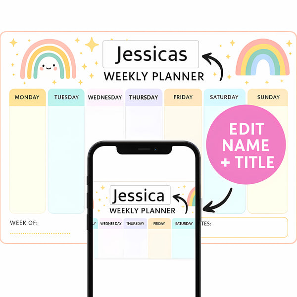 Pastel Rainbow Kids Weekly Planner – Editable Name & Title (A4 A3 & US Letter)