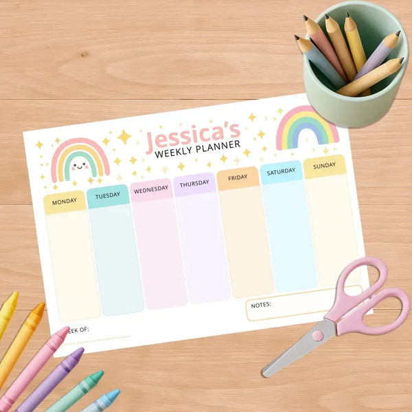 Pastel Rainbow Kids Weekly Planner – Editable Name & Title (A4, A3 & US Letter) - Sticksy Prints Australia
