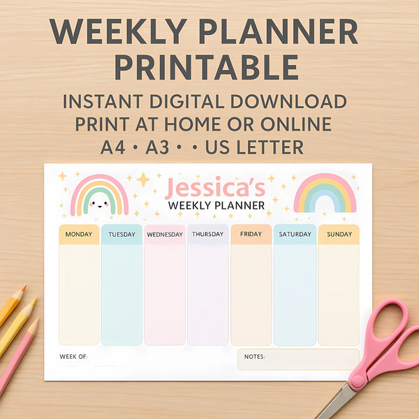 Pastel Rainbow Kids Weekly Planner – Editable Name & Title (A4 A3 & US Letter)