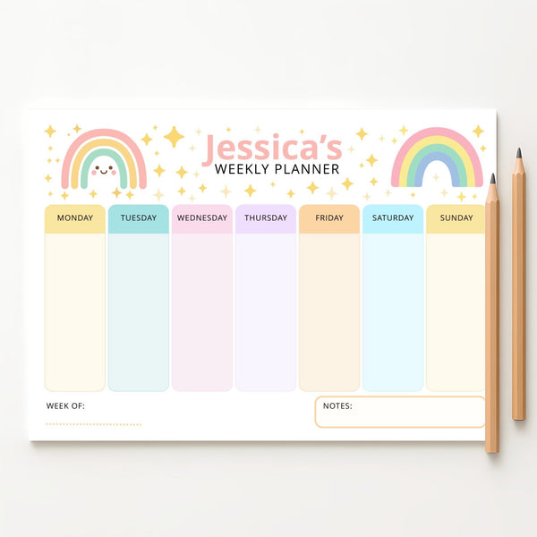 Pastel Rainbow Kids Weekly Planner – Editable Name & Title (A4 A3 & US Letter)