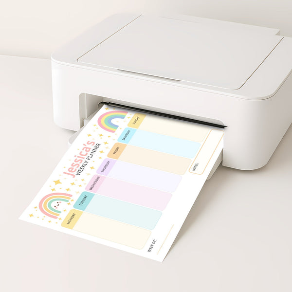 Pastel Rainbow Kids Weekly Planner – Editable Name & Title (A4 A3 & US Letter)