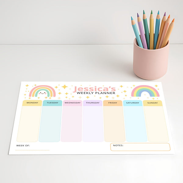 Pastel Rainbow Kids Weekly Planner – Editable Name & Title (A4 A3 & US Letter)