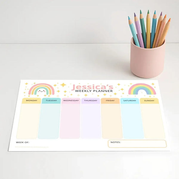 Pastel Rainbow Kids Weekly Planner – Editable Name & Title (A4, A3 & US Letter) - Sticksy Prints Australia