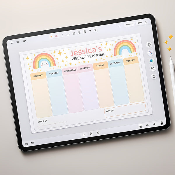 Pastel Rainbow Kids Weekly Planner – Editable Name & Title (A4 A3 & US Letter)