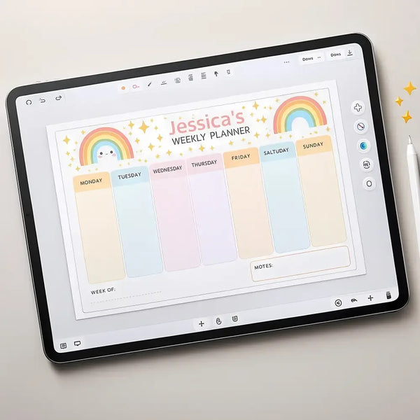 Pastel Rainbow Kids Weekly Planner – Editable Name & Title (A4, A3 & US Letter) - Sticksy Prints Australia