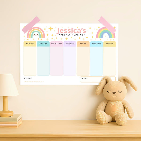 Pastel Rainbow Kids Weekly Planner – Editable Name & Title (A4 A3 & US Letter)