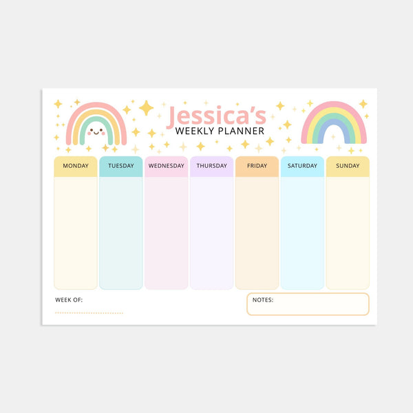 Pastel Rainbow Kids Weekly Planner – Editable Name & Title (A4 A3 & US Letter)