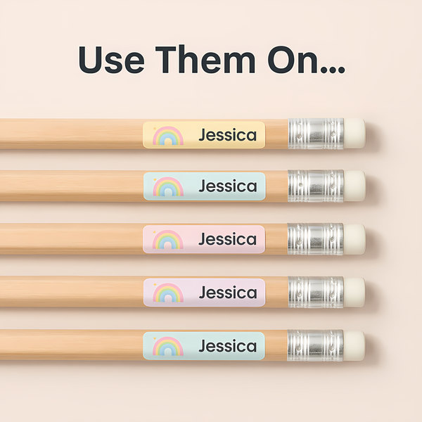 Pastel Rainbow Pencil Label Template – Editable Slim Name Labels (Canva Printable)