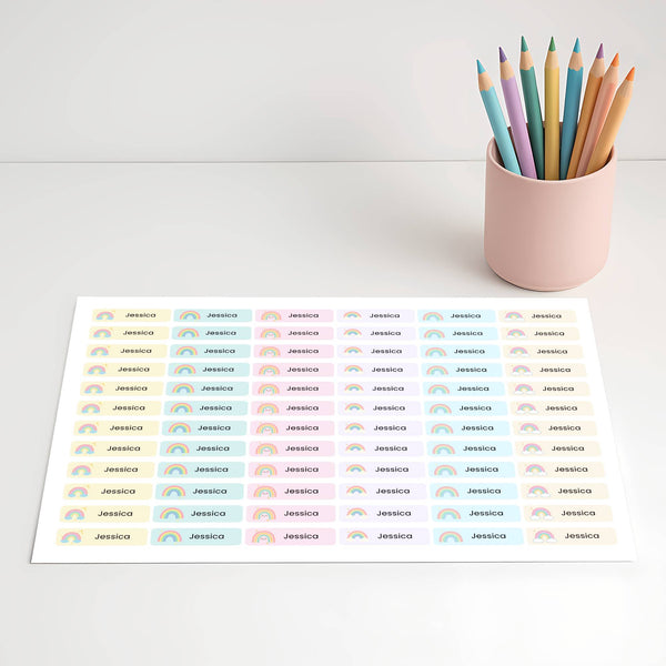 Pastel Rainbow Pencil Label Template – Editable Slim Name Labels (Canva Printable)