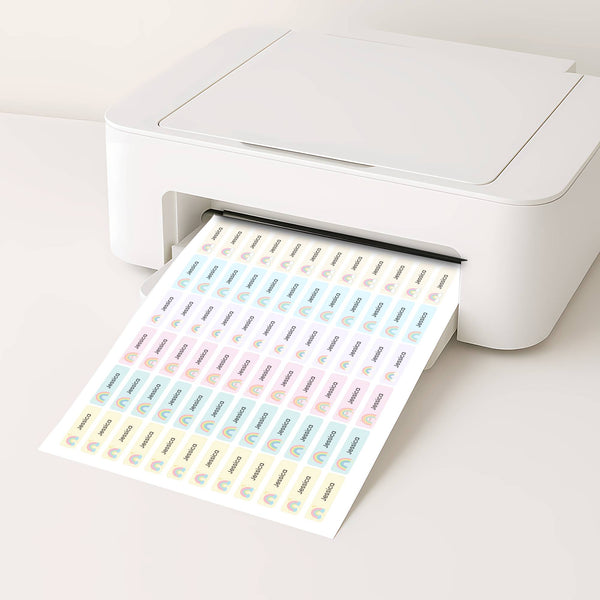 Pastel Rainbow Pencil Label Template – Editable Slim Name Labels (Canva Printable)